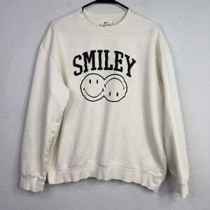 Smiley X HM Sweatshirt L White Graphic Smiley Face‎ Crewneck Popover Streetwear